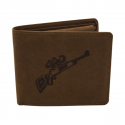 Skórzany portfel myśliwski dla strzelca, brązowy, grawer sztucera z lunetą na froncie