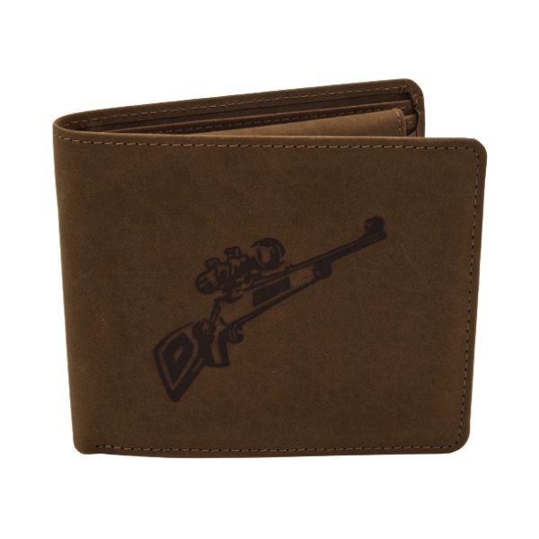 Skórzany portfel myśliwski dla strzelca, brązowy, grawer sztucera z lunetą na froncie