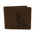Brązowy skórzany portfel myśliwski z grawerem lisa w zielonym pudełku prezentowym