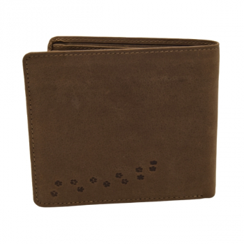 Brązowy portfel skórzany myśliwski z tłoczonymi śladami łap na tylnej części