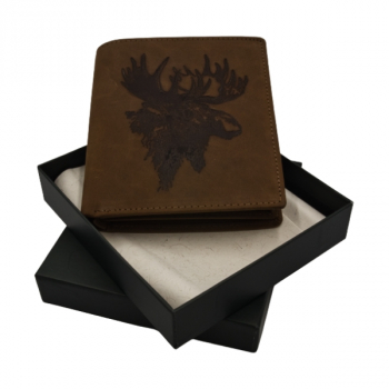 Portfel pionowy skórzany dla myśliwego Łoś - widok w raz z opakowaniem