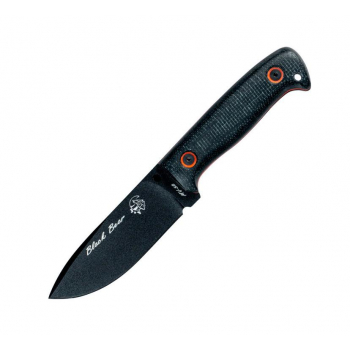 Nóż bushcraftowy Black Bear z czarnym ostrzem i rękojeścią z czarnej micarty, widok z boku na białym tle