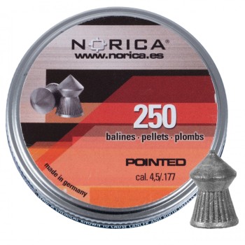 Śrut Norica Pointed 4,5 mm 250 szt. Widok opakowania oraz pojedynczego śrutu